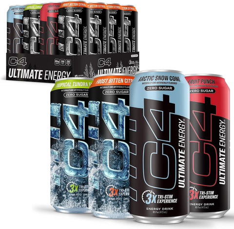 C4 Ultimate Zero Sugar Energy Drink, Tri-Stim Experience with 300mg Caffeine + TeaCrine + Dynamine, Fruit Punch, 16oz (Pack of 12)