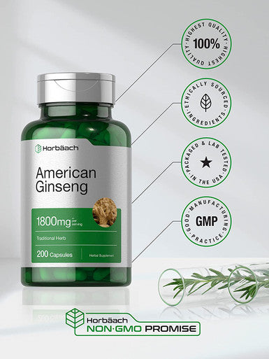 American Ginseng Capsules 1800 mg 200 Count Non-GMO Gluten Free Supplement Ginseng Root Extract Complex by Horbaach