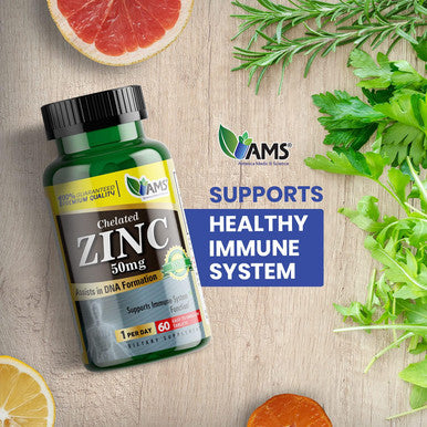 America Medic and Science Chelated Zinc 50 Mg Supplements (1 Pack Of 60 Tablets) Immune Booster And Powerful Antioxidant Pills For Adults Men And Women Highly Absorbable Mineral, Improves Mood and Sleep