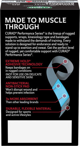 Curad Performance Series IRONMAN Antibacterial Bandages Extreme Hold Adhesive Technology Extra Long Flexible Fabric Bandages for Cuts Scrapes & Burns Assorted Colors 0.75 x 4.75 inches 20 Count