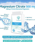Magnesium Citrate 500mg 120 Capsules - Providing 150mg of Active Elemental Magnesium - High Potency - Easily Absorbable - Highly Bioavailable - UK Manufactured