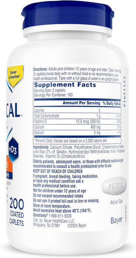 Citracal Petites 400 Mg Calcium Citrate Easily Absorbed And Highly Soluble With 12.5 Mcg (500 Iu) Vitamin D3 Bone Health Support For Ages 12+ Smaller And Easier To Swallow Caplets 200 Count