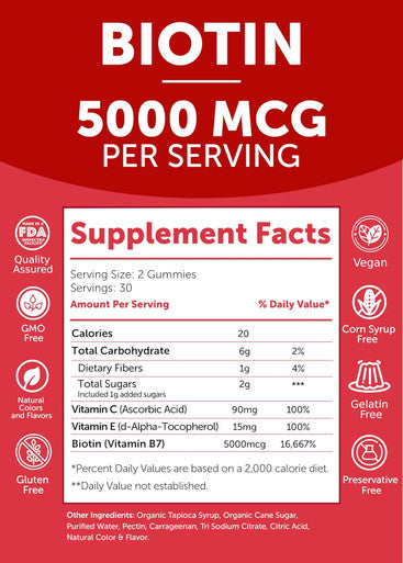 Lunakai Usa Made Biotin Gummies 5000Mcg With Vitamin C & E - Delicious Hair Skin Nails Vitamins For Women, Non-Gmo, Hair Growth Supplement, 60 Ct