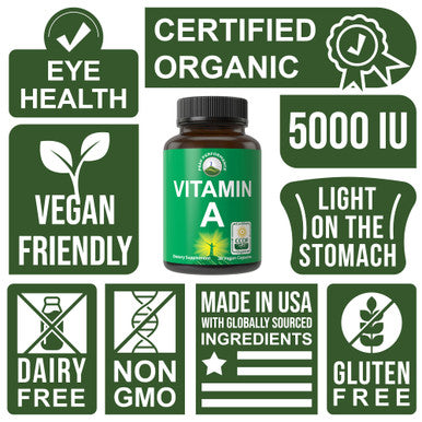 Peak Performance Raw Food Vitamin A Capsules Supplement High Potency Vitamins with Carrot Juice. Great for Immune, Skin, Eye Support. Vegan Pills, Tablets