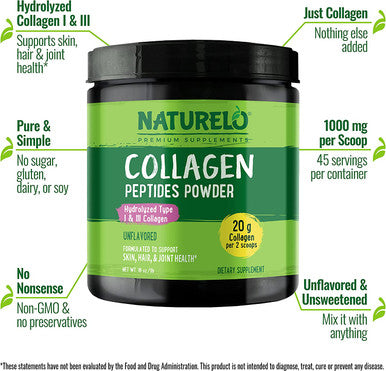 NATURELO Collagen Peptide Powder, Hydrolyzed Collagen Type I & III, Skin Hair & Joint Health - Unflavored, 16 Ounces - 45 Servings