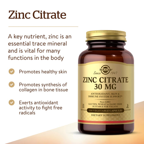Solgar Zinc Citrate Vegetable Capsules 100 Count Non-Gmo Gluten Free And Kosher Supports Immune System Health Healthy Skin And Eyes Normal Taste And Vision