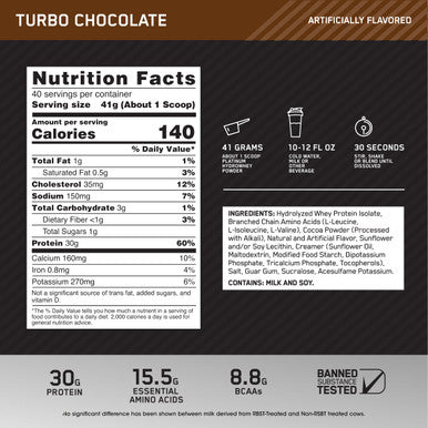 Optimum Nutrition Platinum Hydrowhey Protein Powder 100% Hydrolyzed Whey Protein Isolate Powder Flavor: Turbo Chocolate 40 Servings 3.61 Pounds (Packaging May Vary)