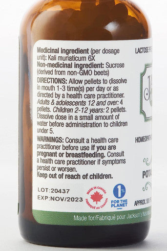 Jackson's #5 Kali mur 6X - Vegan, Lactose-free Schuessler Cell Salt - Made in Canada (500 pellets)