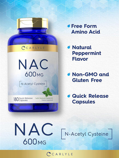 Carlyle NAC N-Acetyl Cysteine 600mg | 180 Capsules | with Peppermint | Form Supplement | Non-GMO Gluten