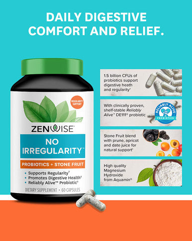 Zenwise No Irregularity Magnesium Vegan Probiotics Constipation Protection and Digestive Relief with Prune Apricot and Date Juice for Women and Mens Digestive and Immune Health 60 Count