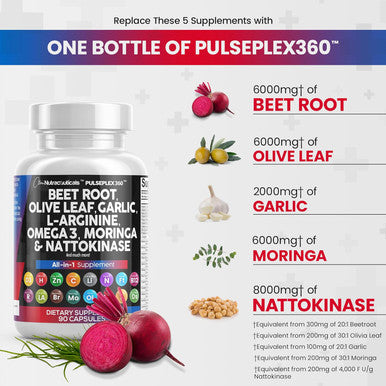 Clean Nutraceuticals Beet Root Capsules 6000Mg Olive Leaf 6000Mg Nattokinase 4000 Fu Garlic Extract 2000Mg L-Arginine 400Mg Omega 3 Red Yeast Rice Hibiscus Danshen - Healthy Support Supplement - 90 Ct
