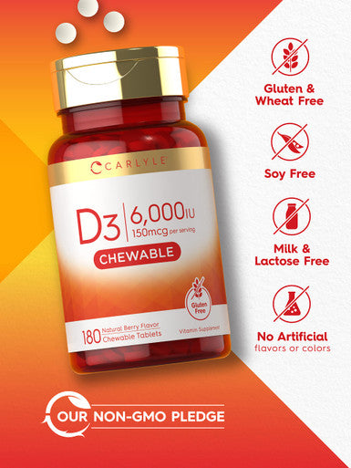 Carlyle Chewable Vitamin D3 6000 Iu Tablets | 180 Count | Natural Berry Flavor | Vegetarian, Non-Gmo And Gluten Free