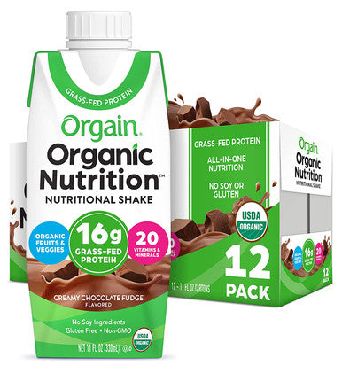 Orgain Organic Nutritional Shake Creamy Chocolate Fudge Meal Replacement 16g Grass Fed Whey Protein 20 Vitamins Minerals Gluten Soy Kosher NonGMO 11 Fl Oz Pack of 12