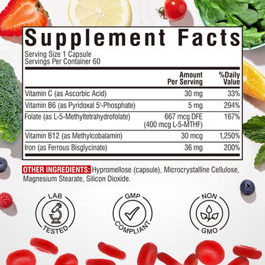 Iron Supplement For Women & Men, With Vitamins C, B6, B12 & Folate For Iron Deficiency, Blood Building & Energy Support, Stomach Friendly, Better Absorption, Non-Gmo, No Gluten, 60 Vegan Caps