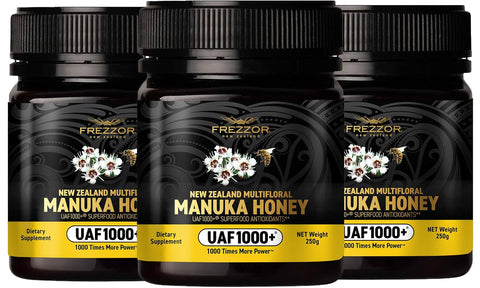 FREZZOR Premium New Zealand Raw Multifloral Manuka Honey with UAF1000+ Super Antioxidant, 230% More Bioactive, Best Support for Everyday Wellness, Antioxidant Superfood, 1 Jar (8.8oz/250g)