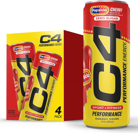 C4 Performance Energy Drink, Cherry Popsicle, Zero Sugar Carbonated Preworkout Energy, 200mg Caffeine with Beta Alanine, 16 Fl Oz (12 Pack)