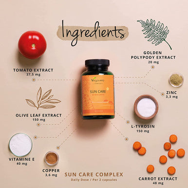 Tanning Capsules VegaveroÃƒâ€šÃ‚Â® | with Beta Carotene, Vitamin E, L-Tyrosine, Copper, Zinc & Plant Extracts | 180 Vegan Capsules | Skin Protection Support