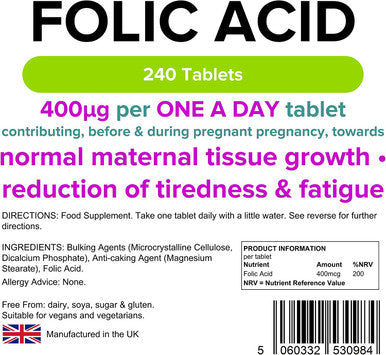 Lindens Folic Acid 400mcg - 240 Vegan Tablets - Pregnancy, UK Made to GMP | Immune Health, Energy and Vitality, Blood Formation, Psychological Function, Amino Acid | Made in the UK, Letterbox Friendly