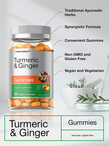 Turmeric and Ginger Gummies | 120 Count | Peach Flavor | Vegan Non-GMO & Gluten Free Supplement | by Horbaach