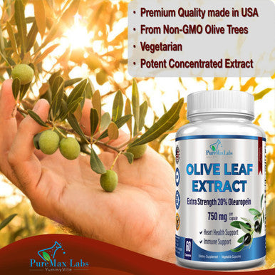 YUMMYVITE Premium Olive Leaf Extract - Extra Strength: 20% Oleuropein - 750Mg - Vegetarian - No Oil - Immune Support & Antioxidant Supplement, Non-Gmo - 60 Capsules