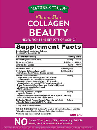 Collagen Beauty Supplement | 100 Liquid Max Softgels | Non-GMO & Gluten Pills | Hydrating Formula | by Natures Truth