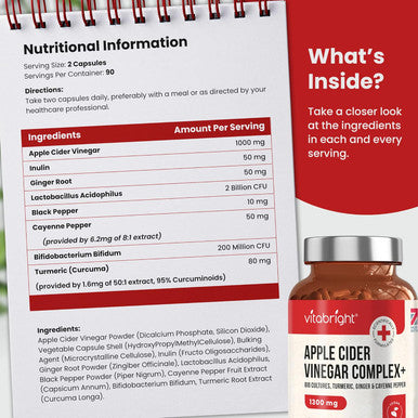 Vitabright Apple Cider Vinegar Capsules with Probiotics Prebiotics Turmeric Ginger & Cayenne Pepper - 180 ACV Capsules (not Gummies not Tablets) - 1300mg per Serving - Raw & Unfiltered - Keto - VitaBright