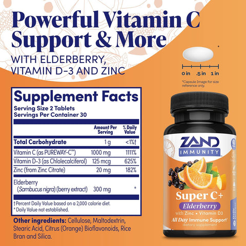Zand Immunity Super C+ With Elderberry All Day Immune Support 1000Mg Pureway-C Vitamin C Plus Zinc & Vitamin D-3 Enhanced Absorption 60 Tablets 30 Servings