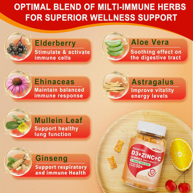 Sugar Vitamin C + D3 + Zinc Gummies For Adults 50 +, 9 In 1 Immune Defense Supplement With D3 5000Iu, Elderberry, Echinacea, Mullein Leaf For Boost Immunity, Power Antioxidant, Vegan (Pack Of 2)