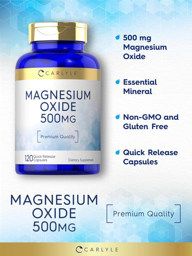 Carlyle Magnesium Oxide 500mg | 120 Capsules | Premium Quality | Non-GMO and Gluten Supplement