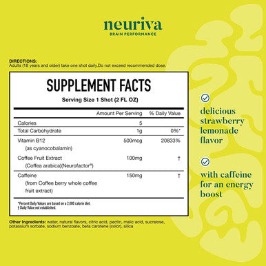 NEURIVA Brain Energy Supplement with Clinically Tested Neurofactor For Focus Concentration Vitamin B12 150mg of Caffeine For An Immediate Energy Boost 36ct Strawberry Lemonade Shots