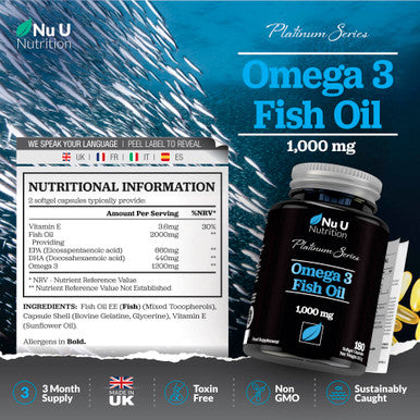 Omega 3 Fish Oil 2000mg per Serving - 180 Softgel Capsules - Premium Double Strength 660mg EPA & 440mg per Serving - 3 Month Supply - Sustainably Sourced - with Vitamin E - Nu U Nutrition