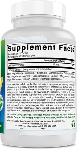 Best Naturals Dhea 25mg Supplement 240 Tablets - Supports Balanced Hormone Levels for Men & Women - Promotes Healthy Aging - USA Manufactured