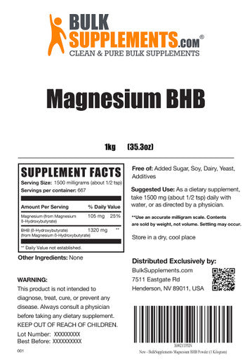 BulkSupplements Magnesium BHB Powder - Beta-Hydroxybutyrate Powder for Ketosis & Ketogenic Diet - 1500mg (1.5g) , 667 Servings (1 Kilogram - 2.2 lbs)