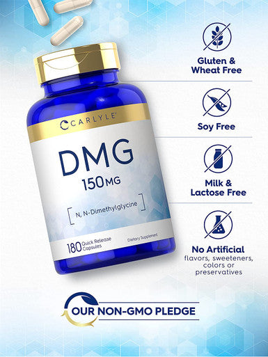 DMG Supplement 150 mg 180 Capsules N Dimethylglycine Vegetarian Non-GMO Gluten Free by Carlyle