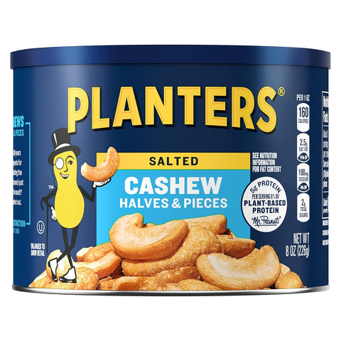 PLANTERS Lightly Salted Cashews, Cashew Halves & Pieces, Plant-Based Protein, 8 Oz Canister, Great Party Snack