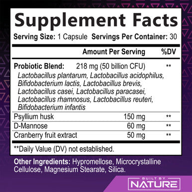 Built Nature Probiotics For Women 50 Billion Cfu, 9 Probiotic Strains With Prebiotics, Cranberry & D-Mannose, Digestive, Immune, Vaginal & Urinary Health, Shelf Stable, Delayed Release, 30 Veggie Capsules