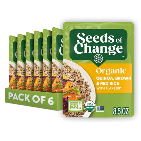 SEEDS OF CHANGE Organic Rice Variety Pack Quinoa and Brown Rice with Garlic & Quinoa Brown & Red Rice with Flaxseed, Microwaveable Ready to Heat, 8.5 Ounces (Pack of 6)