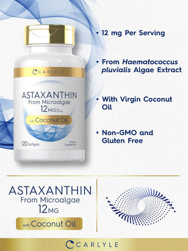 Carlyle Astaxanthin 12mg | 120 Softgels | Supplement from Microalgae | with Coconut Oil | Non-GMO & Gluten