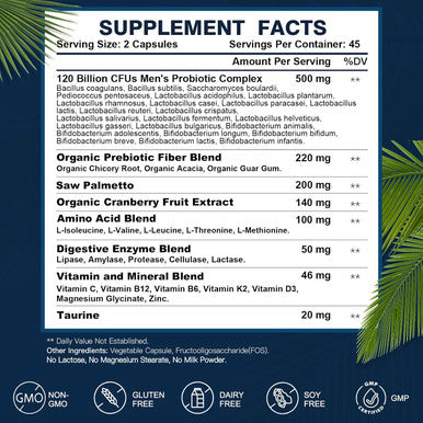 Probiotics For Men Digestive Health, 120 Billion Cfus Mens Probiotic With Digestive Enzymes & Prebiotics & Saw Palmetto & Cranberry For Gut, Prostate & Urinary Tract Health, Shelf Stable, 90 Capsules
