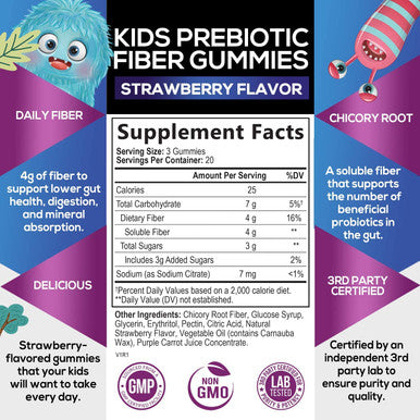 Kids Fiber Gummy Bears - 100% Plant Based Daily Prebiotic - Fiber Gummies for Kids, Supports Digestive Health & Regularity, Vegan Fiber Supplement, Gluten Free, Non-GMO, Berry Flavor - 60 Gummies