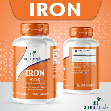 Aitnaturals Iron - 45mg (100 Tablets)| High potency Ferrous Sulphate for Red Blood Cell Production Active Brain Function Prevent Iron Deficiency| Enhance Muscle growth& Regulate Body Temperature