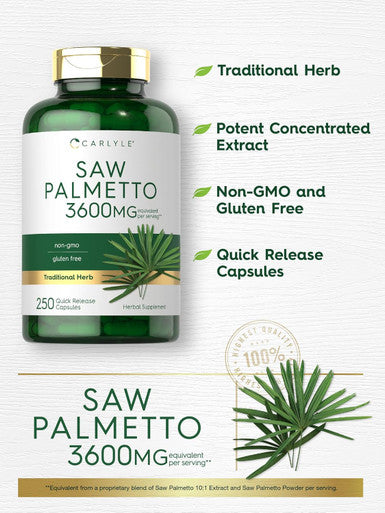 Carlyle Saw Palmetto Extract | 3600mg | 250 Capsules | Non-GMO and Gluten Formula from Saw Palmetto Berries