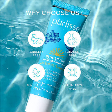 purlisse Blue Lotus SPF 30 Essential Daily Moisturizer Cruelty clean Paraben Sulfate Antiageing Reef safe formula Nongreasy Vitamin E Algae Extracts moisturize 1.7oz