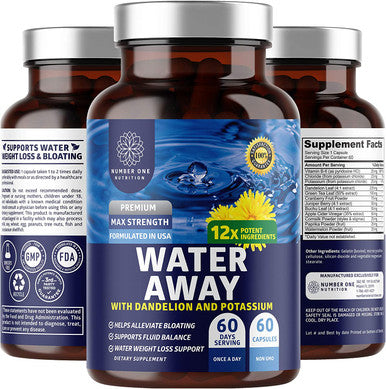 N1 Nutrition Premium Water Away Pills Natural Diuretic Enhanced with Dandelion Leaf Extract Potassium for Water Retention Bloating Swelling Relief NonGMO 60 Caps