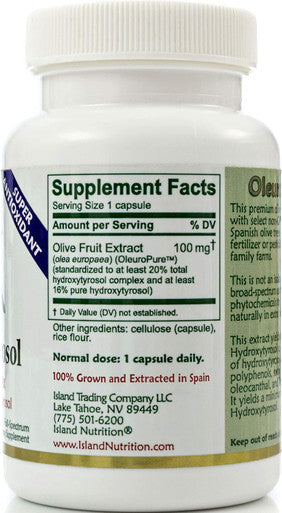 Island Nutrition , 20% Hydroxytyrosol Complex Olive Fruit Extract - Super Strength 100% Grown & Extracted In Spain. 90 Capsules, 100 Mg, From The Maker Of Real European Olive Leaf Extract