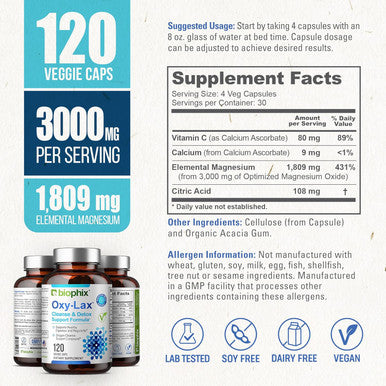 Biophix Oxy-Lax 750 Mg 120 Vcaps - Natural Magnesium Oxide Oxygen Based Colon Cleanse Gentle Laxative Supports Healthy Digestive Tract Regularity