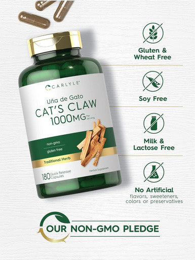 Carlyle Cat's Claw Capsules 1000mg | 180 Count | Uncaria Tomentosa | Non-GMO Gluten Supplement