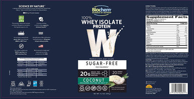 Biochem 100 Whey Isolate Protein 11.2 oz Sugar Coconut 20g Vegetarian Protein KetoFriendly Amino Acids May Help Support Immune System Easy to Mix Magnesium