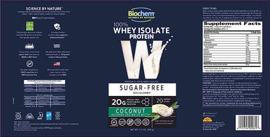 Biochem 100% Whey Isolate Protein - 11.2 oz - Sugar Free Coconut - 20g Vegetarian Protein - Keto-Friendly - Amino Acids - May Help Support Immune System - Easy to Mix - Magnesium