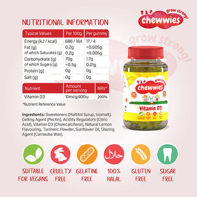 Chewwies Vitamin D - Chewable D3 Vegan Gummies- Gelatin Free, Sugar Free, Halal & Gluten Free, Non-GMO - for Adults and Children to Support Healthy Growth and Development (30 Day Supply)